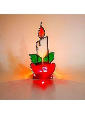 VINTAGE Stained | Slag Glass Holiday Candle Holder Candle with Holly EUC